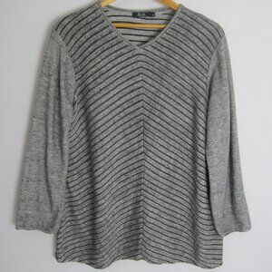 G&C United Knitwear Womens L Gray Black Striped LS Cotton Blend Tunic Top V Neck